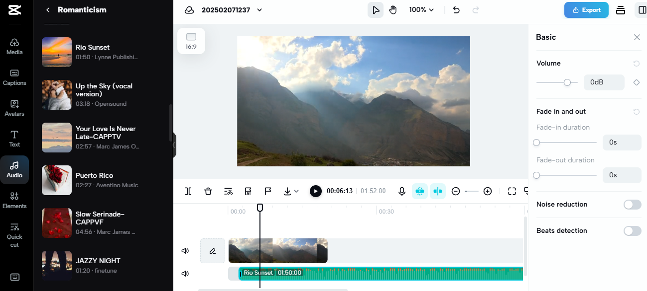 Video editing interface with scenic mountain footage and romantic music selection, ideal for faceless YouTube channel ideas. 